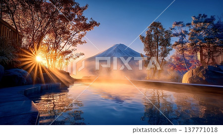 沐浴在晨光中的露天溫泉，俯瞰富士山，沐浴在陽光下的日本寧靜之美令人嘆為觀止。 137771018