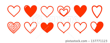 Vector heart shape cute icon. Hand drawn love heart doodle symbol red icon. 137771123