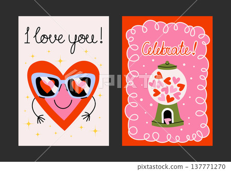 Colorful cute posters and postcards for Valentine's Day in cartoon style. Printable designs with cute heart character, gumball candy hearts. Decor for romance, holidays, weddings, celebrations, feasts Colorful cute posters and postcards for Valentine's Day in cartoon style. Printable designs with cute heart character, gumball candy hearts. Decor for romance, holidays, weddings, celebrations, feasts 137771270
