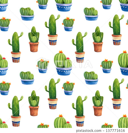 Seamless pattern with a variety of cacti and flowers in decorative patterned pots. Watercolor illustrations of houseplants for home and garden, decor, and fabrics. Seamless pattern with a variety of cacti and flowers in decorative patterned pots. Watercolor illustrations of houseplants for home and garden, decor, and fabrics. 137771616
