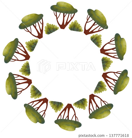 Round frame with green trees and shrubs. Hand drawn watercolor illustration of lush foliage. 137771618