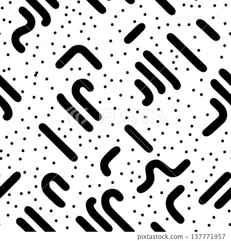 Abstract black and white geometric dashed pattern. Abstract seamless pattern creating a dynamic maze with dashed lines and scattered dots Abstract black and white geometric dashed pattern. Abstract seamless pattern creating a dynamic maze with dashed lines and scattered dots 137771957