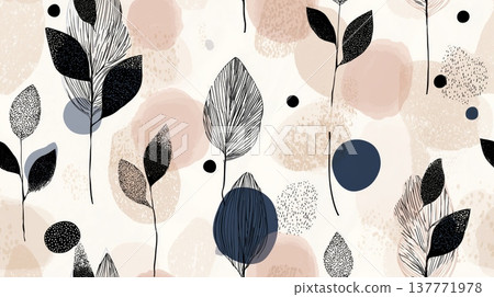 Abstract seamless pattern with leaves and neutral organic shapes. Abstract leaves and organic shapes forming a contemporary seamless pattern 137771978