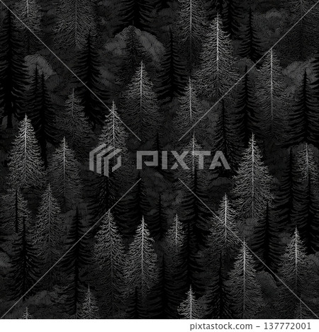 Dark forest damask pattern with pine trees. Stylized pine tree forest creating a monochrome seamless pattern for dark backgrounds 137772001