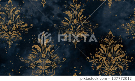 Golden damask pattern on dark blue texture. Golden damask pattern repeating on a deep blue textured background Golden damask pattern on dark blue texture. Golden damask pattern repeating on a deep blue textured background 137772012