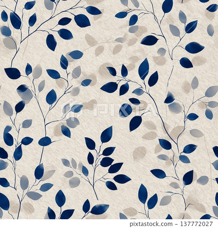 Seamless Japanese woodblock-style pattern with blue leaves. Seamless botanical pattern showing stylized branches and leaves on a textured beige background 137772027