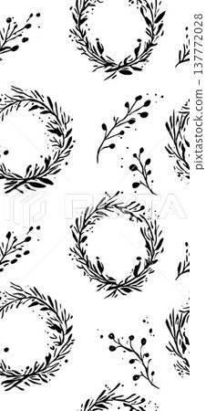Seamless pattern with black botanical wreaths and branches. Abstract illustration presenting a repeating design of natural elements on a white background Seamless pattern with black botanical wreaths and branches. Abstract illustration presenting a repeating design of natural elements on a white background 137772028