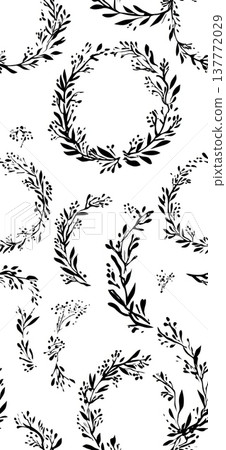 Seamless pattern with black botanical wreaths and branches. Abstract illustration presenting a repeating design of natural elements on a white background Seamless pattern with black botanical wreaths and branches. Abstract illustration presenting a repeating design of natural elements on a white background 137772029