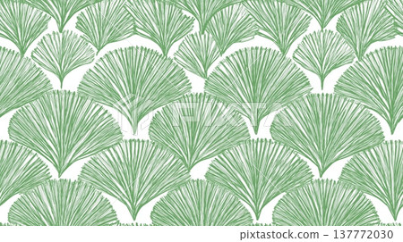 Seamless organic green plant leaf pattern background. Repeating pattern showing fan-like organic shapes representing leaves or scales in green Seamless organic green plant leaf pattern background. Repeating pattern showing fan-like organic shapes representing leaves or scales in green 137772030