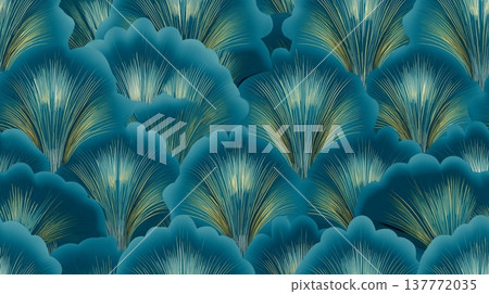 Art Deco seamless pattern with teal and gold fans. Elegant decorative pattern displaying repeating teal fan shapes with delicate golden lines Art Deco seamless pattern with teal and gold fans. Elegant decorative pattern displaying repeating teal fan shapes with delicate golden lines 137772035