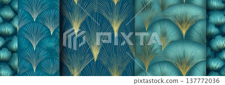 Art Deco seamless pattern with teal and gold fans. Elegant decorative pattern displaying repeating teal fan shapes with delicate golden lines Art Deco seamless pattern with teal and gold fans. Elegant decorative pattern displaying repeating teal fan shapes with delicate golden lines 137772036