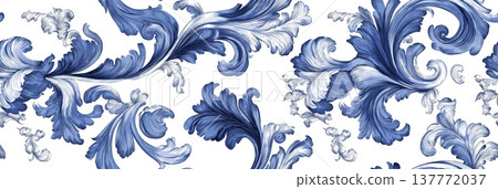 Seamless blue acanthus leaf baroque damask pattern. Blue floral acanthus leaf pattern creating a seamless background design Seamless blue acanthus leaf baroque damask pattern. Blue floral acanthus leaf pattern creating a seamless background design 137772037
