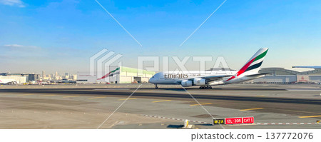 Emirates A380 heading towards the runway at Dubai Airport 137772076