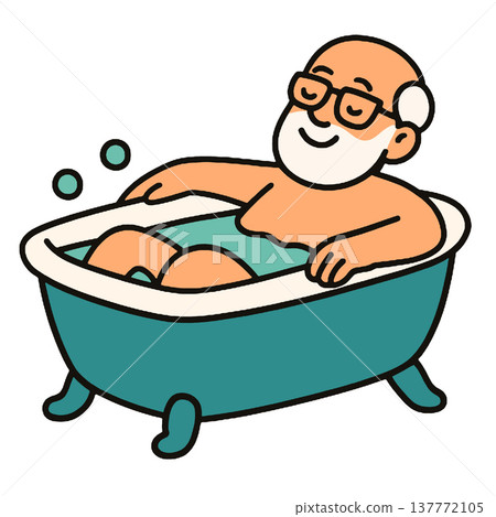 Elderly man relaxing in bathtub, smiling, enjoying warm water, cartoon style, self care 137772105