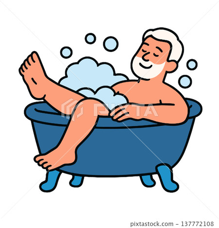 Elderly man relaxing in bathtub, smiling, enjoying bath, foam, bubbles, self care, happiness Elderly man relaxing in bathtub, smiling, enjoying bath, foam, bubbles, self care, happiness 137772108