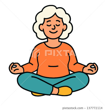 Elderly woman, meditation, yoga, relaxation, peaceful, sitting cross legged, cartoon style Elderly woman, meditation, yoga, relaxation, peaceful, sitting cross legged, cartoon style 137772114