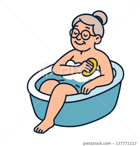 Elderly woman bathtub bathing sponge relaxation happy hygiene cartoon Elderly woman bathtub bathing sponge relaxation happy hygiene cartoon 137772117