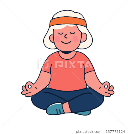 Elderly woman meditating, sitting cross legged, smiling, relaxed, peaceful, cartoon style 137772124