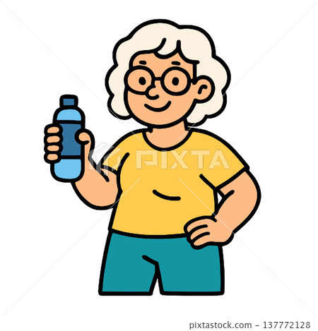 Elderly woman, glasses, yellow shirt, holding water bottle, smiling, cartoon style Elderly woman, glasses, yellow shirt, holding water bottle, smiling, cartoon style 137772128