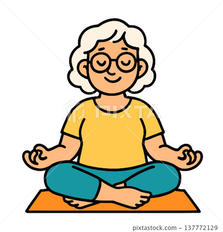 Elderly woman yoga meditation relaxation peaceful cartoon sitting mat 137772129