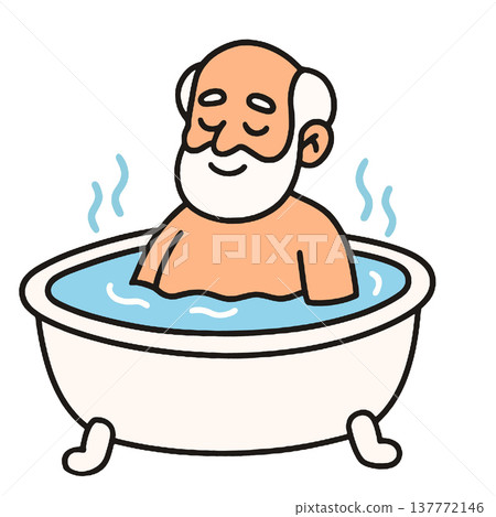 Elderly man bathtub relaxing steam cartoon happy beard white hair water hygiene Elderly man bathtub relaxing steam cartoon happy beard white hair water hygiene 137772146