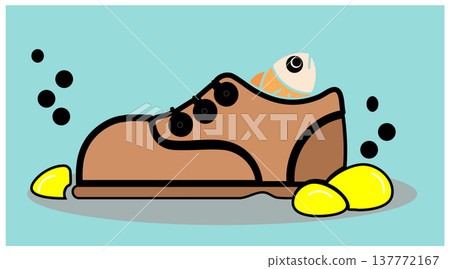 Fish skeleton stuck inside abandoned shoe underwater with bubbles and stones showing ocean pollution concept 137772167