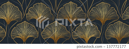 Ginkgo leaf stylized seamless pattern with gold and blue lines. Ginkgo leaves forming a decorative elegant pattern on a dark background Ginkgo leaf stylized seamless pattern with gold and blue lines. Ginkgo leaves forming a decorative elegant pattern on a dark background 137772177