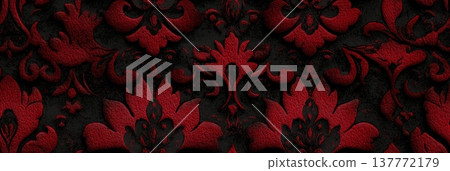 Dark red damask pattern on black background. Ornate gothic floral pattern creating a luxurious vintage texture Dark red damask pattern on black background. Ornate gothic floral pattern creating a luxurious vintage texture 137772179