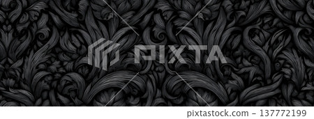 Black matte intricate engraving seamless texture pattern. Black matte seamless pattern presenting intricate engraving lines creating an ornate symmetrical design 137772199