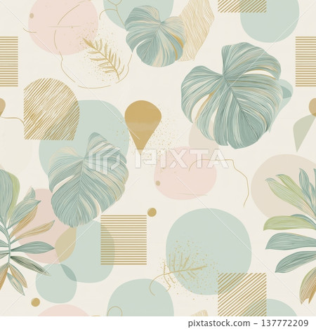 Seamless pattern with tropical monstera leaves and abstract shapes. Tropical monstera leaves creating a seamless pattern with pastel abstract shapes and gold details Seamless pattern with tropical monstera leaves and abstract shapes. Tropical monstera leaves creating a seamless pattern with pastel abstract shapes and gold details 137772209