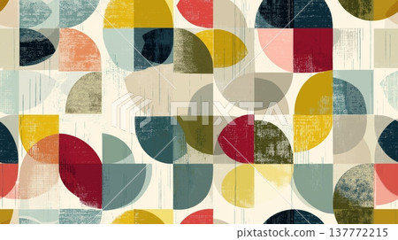 Abstract geometric pattern with overlapping shapes and textures. Pattern featuring colorful overlapping geometric shapes with striped textures on a light background Abstract geometric pattern with overlapping shapes and textures. Pattern featuring colorful overlapping geometric shapes with striped textures on a light background 137772215