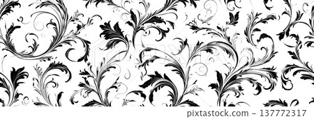 Seamless black filigree floral scroll pattern design. Seamless black artistic filigree scroll pattern creating a decorative background Seamless black filigree floral scroll pattern design. Seamless black artistic filigree scroll pattern creating a decorative background 137772317