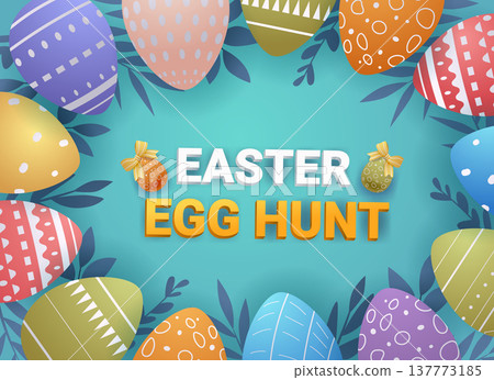 Easter eggs colorful hunt festive border decorated patterned oval shapes blue background leaves holiday celebration template Easter eggs colorful hunt festive border decorated patterned oval shapes blue background leaves holiday celebration template 137773185