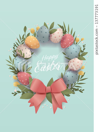 Easter wreath eggs pastel colors floral leaves pink bow decorative holiday greeting card light blue background Easter wreath eggs pastel colors floral leaves pink bow decorative holiday greeting card light blue background 137773191