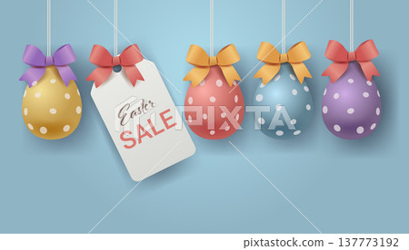 Easter eggs hanging with bows pastel polka dots festive holiday decoration blue background promotional tag banner Easter eggs hanging with bows pastel polka dots festive holiday decoration blue background promotional tag banner 137773192