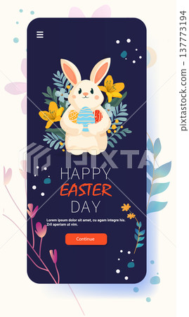 Easter bunny holding decorated eggs floral background pastel colors mobile app screen festive holiday celebration template Easter bunny holding decorated eggs floral background pastel colors mobile app screen festive holiday celebration template 137773194