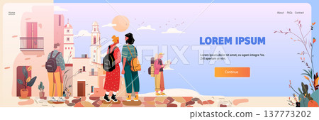 Tourists exploring cityscape travel adventure group sightseeing historic buildings plants modern web banner landing page Tourists exploring cityscape travel adventure group sightseeing historic buildings plants modern web banner landing page 137773202