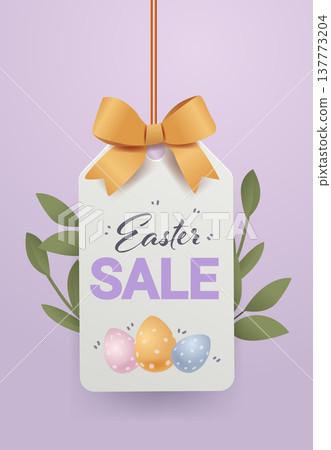 Easter sale tag with bow and eggs festive spring leaves pastel background holiday promotion banner template 137773204