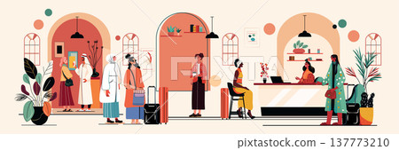 Hotel lobby check in multicultural travelers luggage reception desk modern interior plants waiting area illustration Hotel lobby check in multicultural travelers luggage reception desk modern interior plants waiting area illustration 137773210