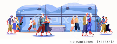 Active seniors dancing socializing indoor community center modern couples enjoying leisure plants blue decor 137773212