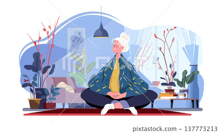 Senior woman meditation mindfulness relaxation indoor plants peaceful living room cozy home decor modern interior 137773213