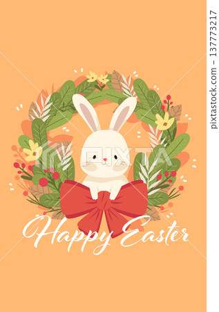 Easter bunny wreath floral decoration red bow cute rabbit surrounded by leaves flowers berries pastel orange background holiday greeting card Easter bunny wreath floral decoration red bow cute rabbit surrounded by leaves flowers berries pastel orange background holiday greeting card 137773217