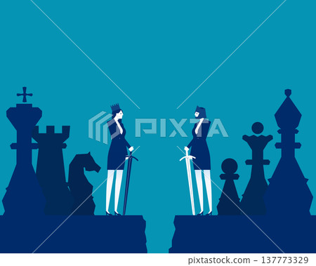 Global trade wars. Two traders with swords standing next to chess 137773329