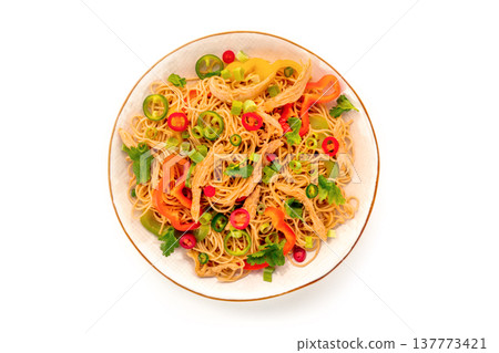 Chow Mein noodles with chicken and vegetables, overhead flat lay shot Chow Mein noodles with chicken and vegetables, overhead flat lay shot 137773421