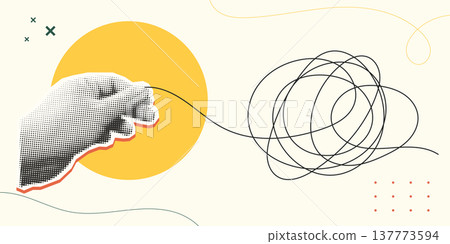 Trendy Halftone Collage style illustration of a hand pulling and untangling a complex chaotic line, representing complex problem solving, critical thinking and solution concept. Trendy Halftone Collage style illustration of a hand pulling and untangling a complex chaotic line, representing complex problem solving, critical thinking and solution concept. 137773594