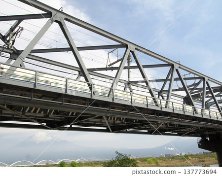 新幹線子彈列車高速駛過鐵路橋。 137773694