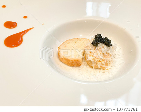 Chilled shrimp mousse with caviar and Pecorino cheese farine Chilled shrimp mousse with caviar and Pecorino cheese farine 137773761