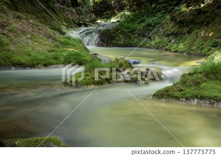 The clear waters and moss-covered rocks of the Yunoki River in Minami-Aizu create a picturesque mountain stream landscape. The clear waters and moss-covered rocks of the Yunoki River in Minami-Aizu create a picturesque mountain stream landscape. 137773775