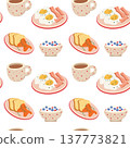 Breakfast food seamless pattern with pancakes and fried eggs 137773821