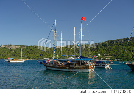 A wide horizontal shot of a large traditional wooden gulet yacht with multiple masts and a Turkish flag, anchored in a turquoise sea bay surrounded by lush green mountains under a clear blue sky. A wide horizontal shot of a large traditional wooden gulet yacht with multiple masts and a Turkish flag, anchored in a turquoise sea bay surrounded by lush green mountains under a clear blue sky. 137773898